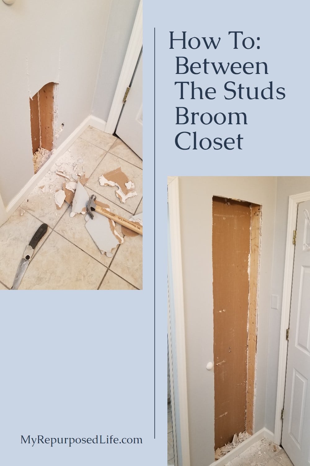 Building a closet between the studs is a great option for the kitchen or bathroom.This diy storage closet is perfect for storing tall items. #MyRepurposedLife #diy #closet #organization via @repurposedlife