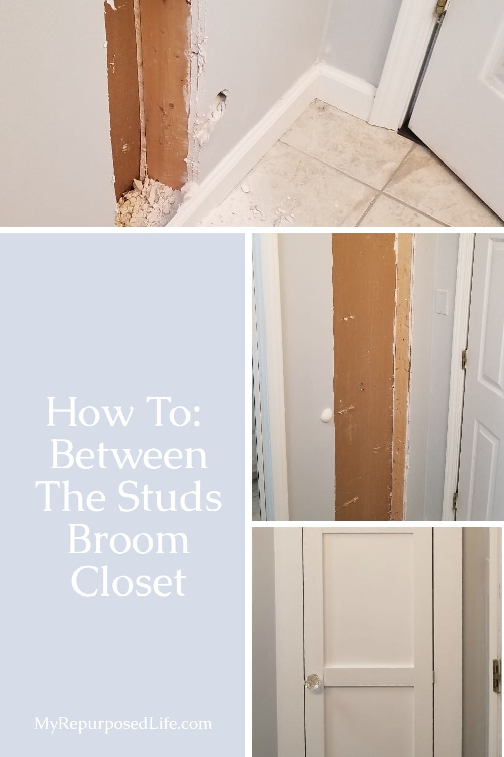 Building a closet between the studs is a great option for the kitchen or bathroom.This diy storage closet is perfect for storing tall items. #MyRepurposedLife #diy #closet #organization via @repurposedlife