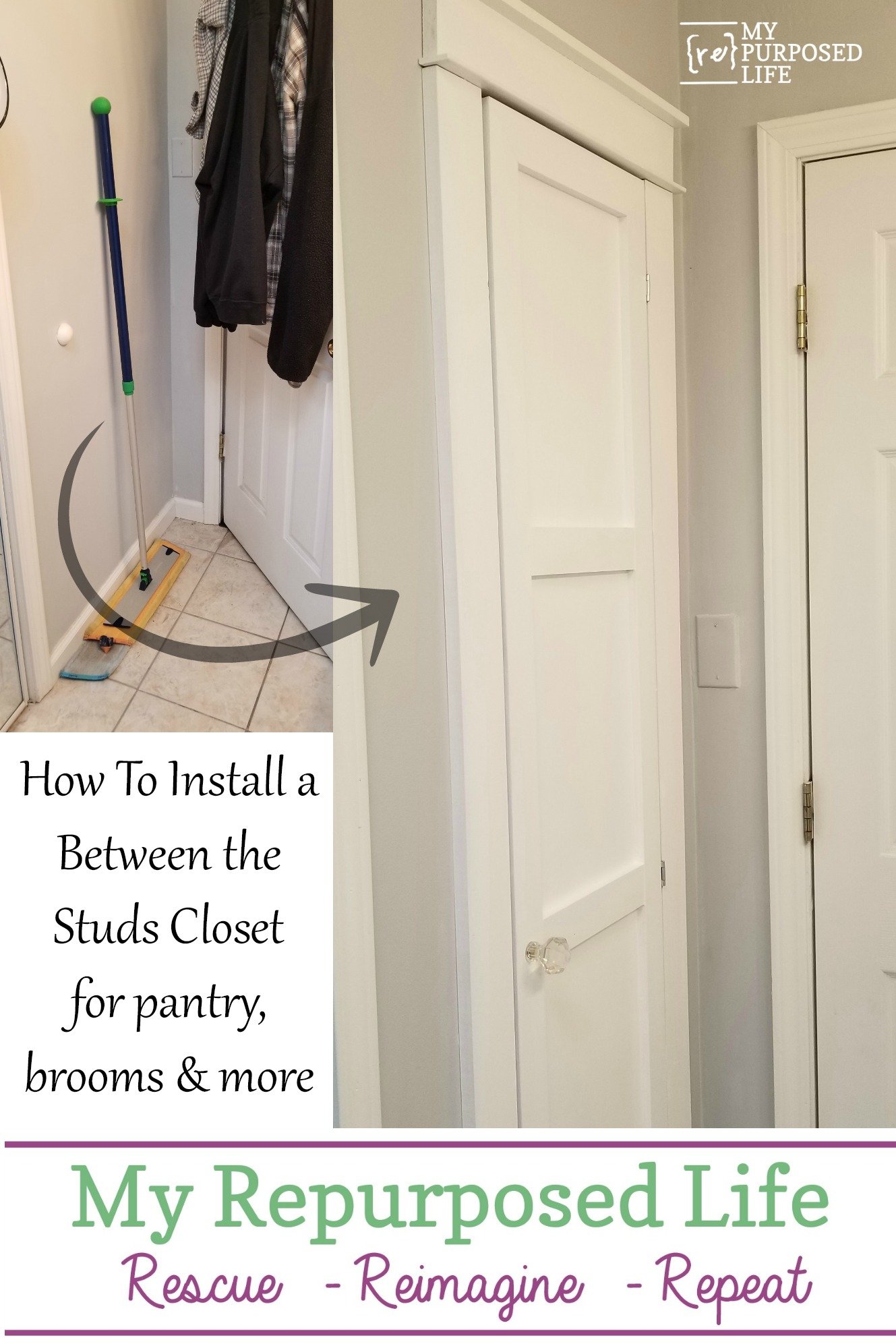 Building a closet between the studs is a great option for the kitchen or bathroom.This diy storage closet is perfect for storing tall items. #MyRepurposedLife #diy #closet #organization via @repurposedlife