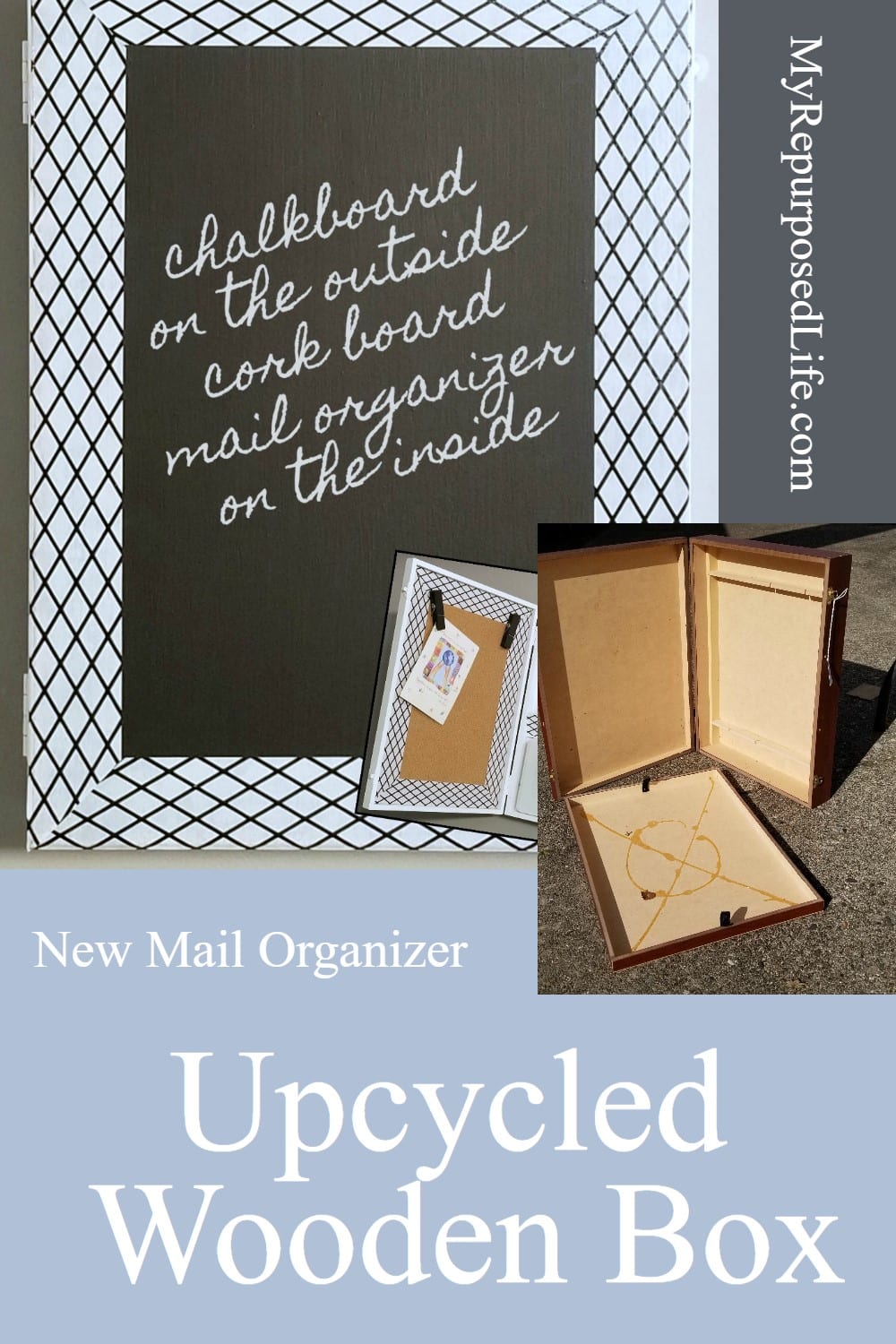 Repurpose a wooden box into a hanging mail organizer or bill paying station. Includes a chalkboard, corkboard, and a small metal box for stamps and more. #MyRepurposedLife #upcycle #repurpose #silverwarebox #mail #organizer via @repurposedlife