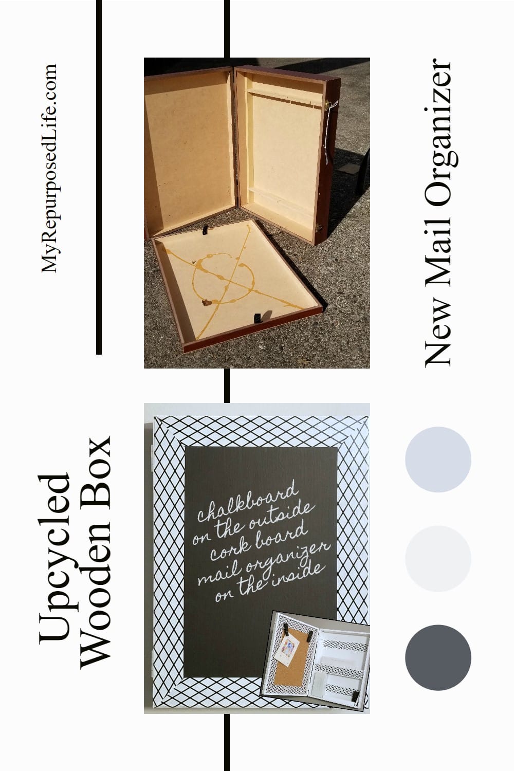 Repurpose a wooden box into a hanging mail organizer or bill paying station. Includes a chalkboard, corkboard, and a small metal box for stamps and more. #MyRepurposedLife #upcycle #repurpose #silverwarebox #mail #organizer via @repurposedlife