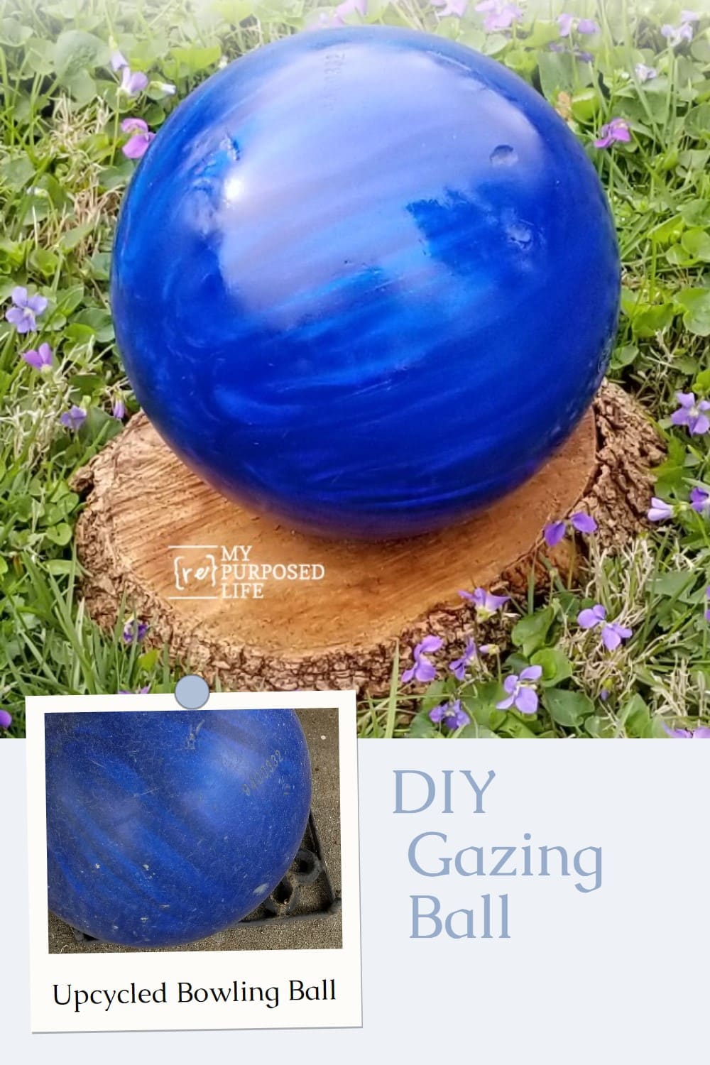 How to make a diy gazing ball using an old bowling ball. Maybe you have one in the closet? Bring it out, shine it up and put it in your garden! #MyRepurposedLife #repurposed #upcycle #bowlingball #garden #diy #gazingball via @repurposedlife