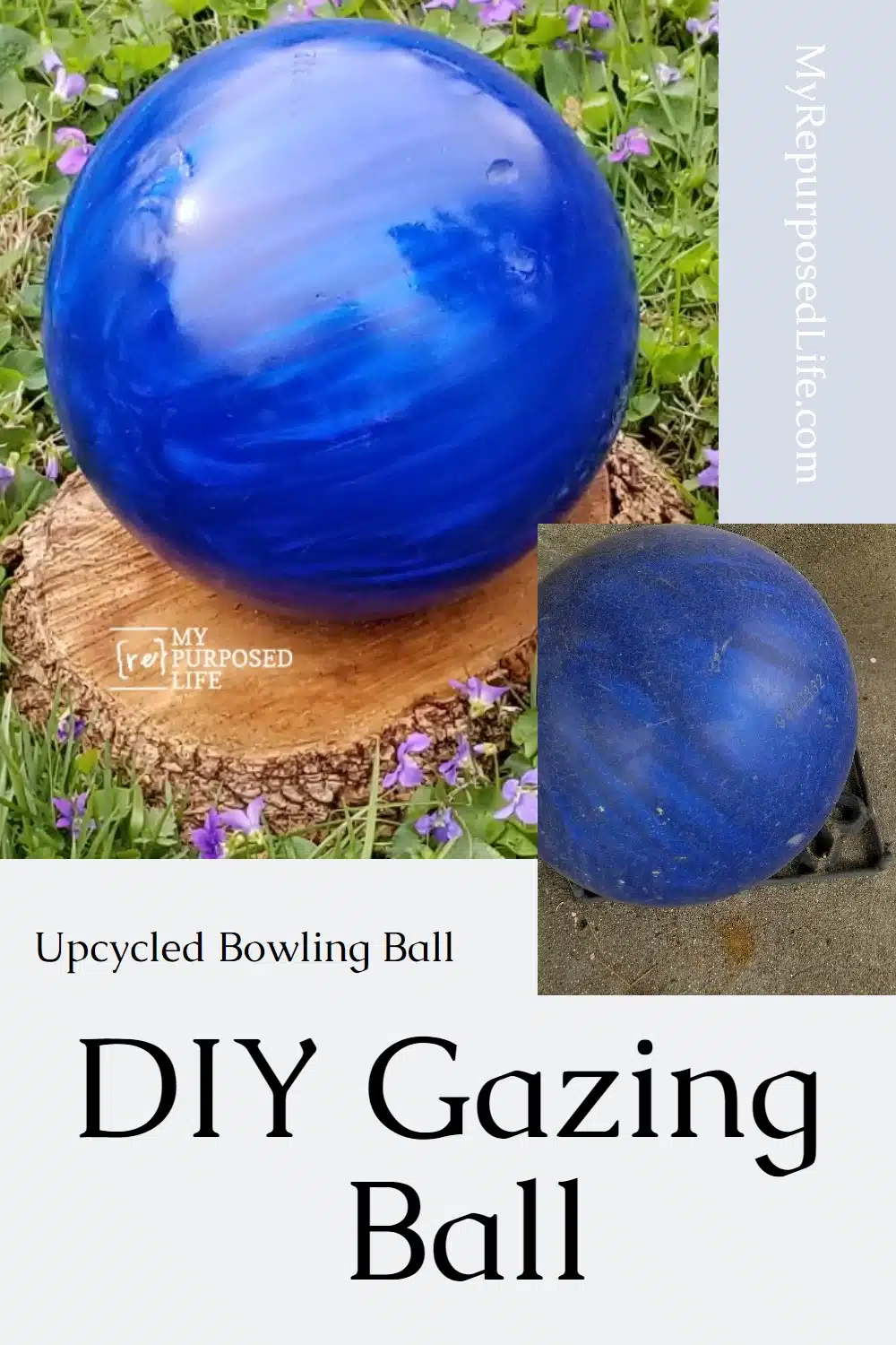 How to make a diy gazing ball using an old bowling ball. Maybe you have one in the closet? Bring it out, shine it up and put it in your garden! #MyRepurposedLife #repurposed #upcycle #bowlingball #garden #diy #gazingball via @repurposedlife