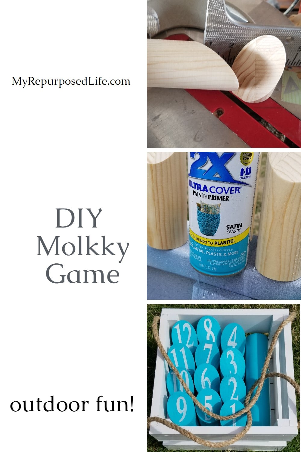 How to make a DIY Molkky game for outdoor fun in the backyard or even while camping. This fun lawn game is easy and inexpensive to make. #MyRepurposedLife #diy #game via @repurposedlife