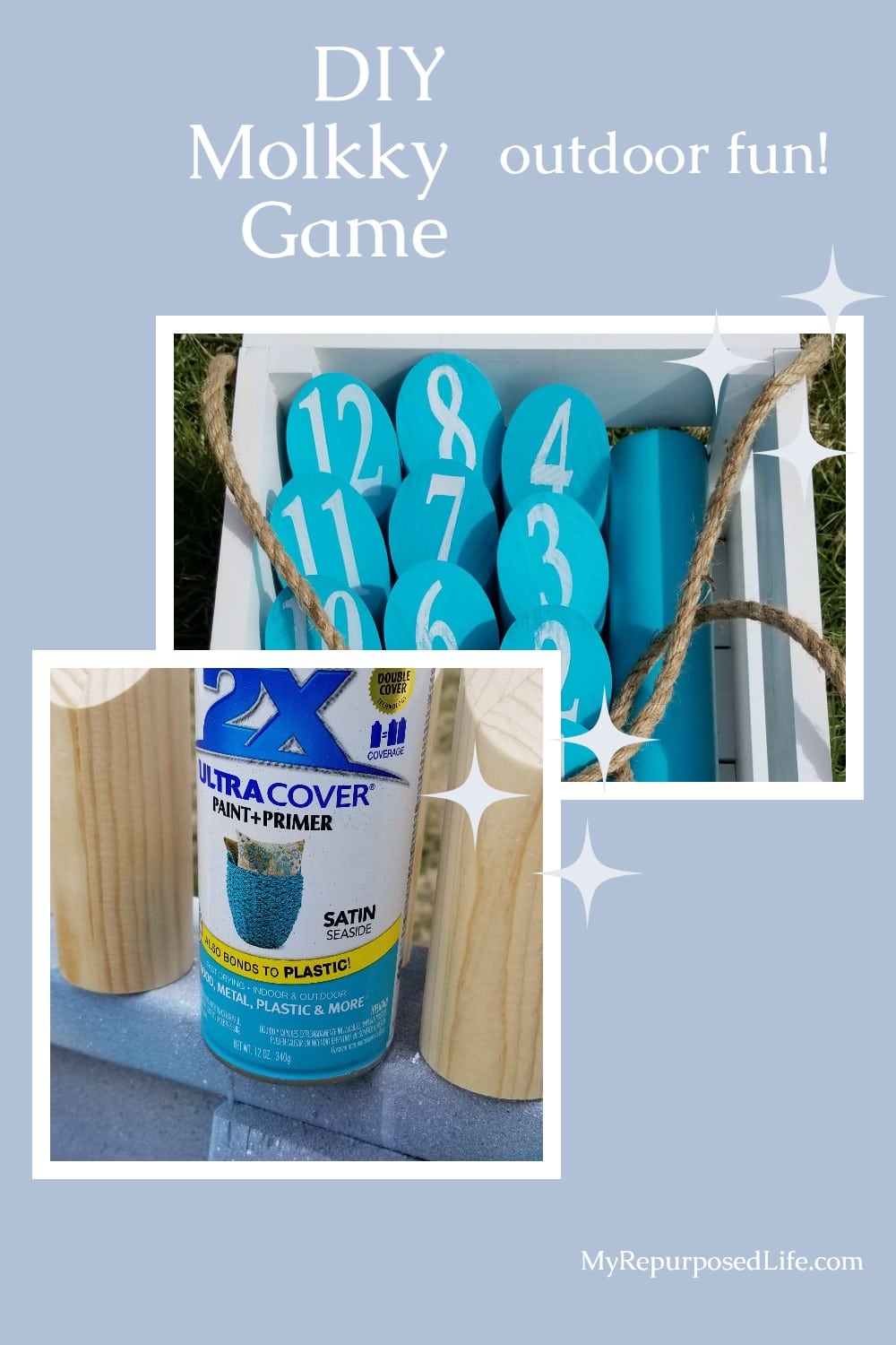 How to make a DIY Molkky game for outdoor fun in the backyard or even while camping. This fun lawn game is easy and inexpensive to make. #MyRepurposedLife #diy #game via @repurposedlife