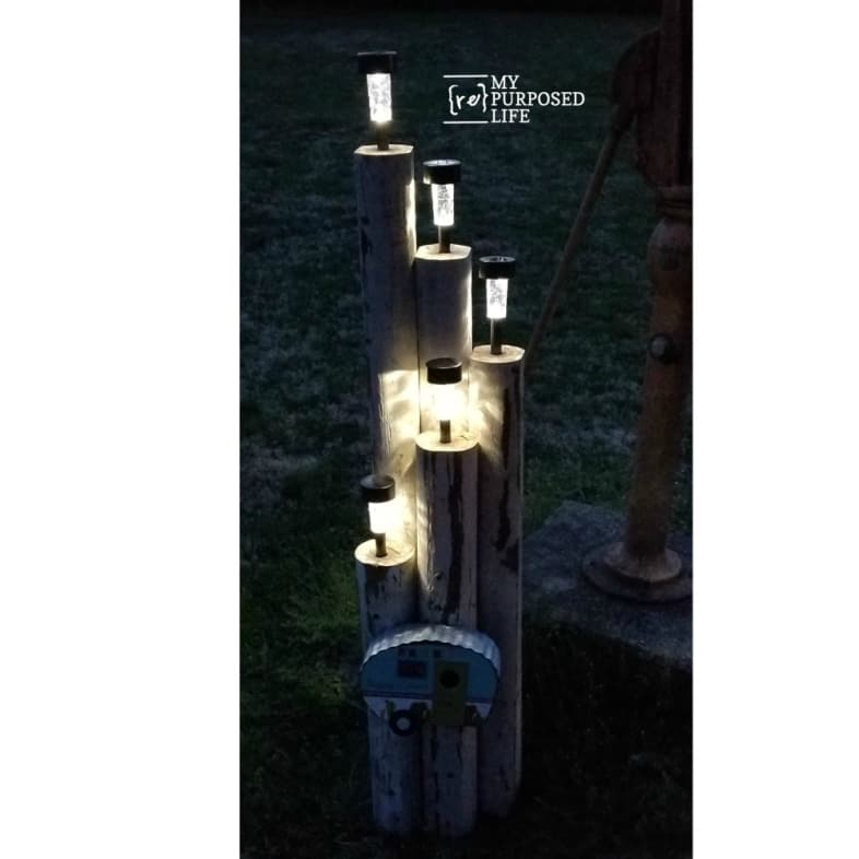 solar lights lit up at night