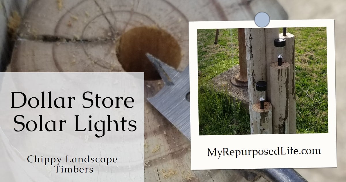 Dollar store Solar Lights on Landscape Timbers My Repurposed Life®