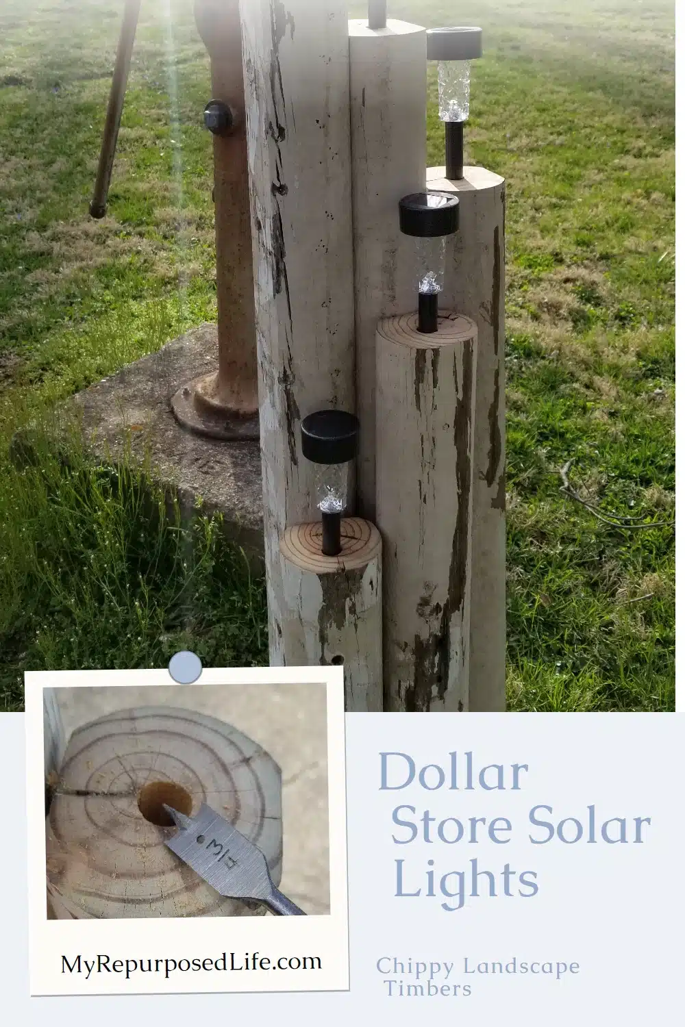 Use reclaimed landscape timbers to make a light feature for your outdoor space. Adding solar lights from the dollar store makes this nearly a free project. #MyRepurposedLife via @repurposedlife