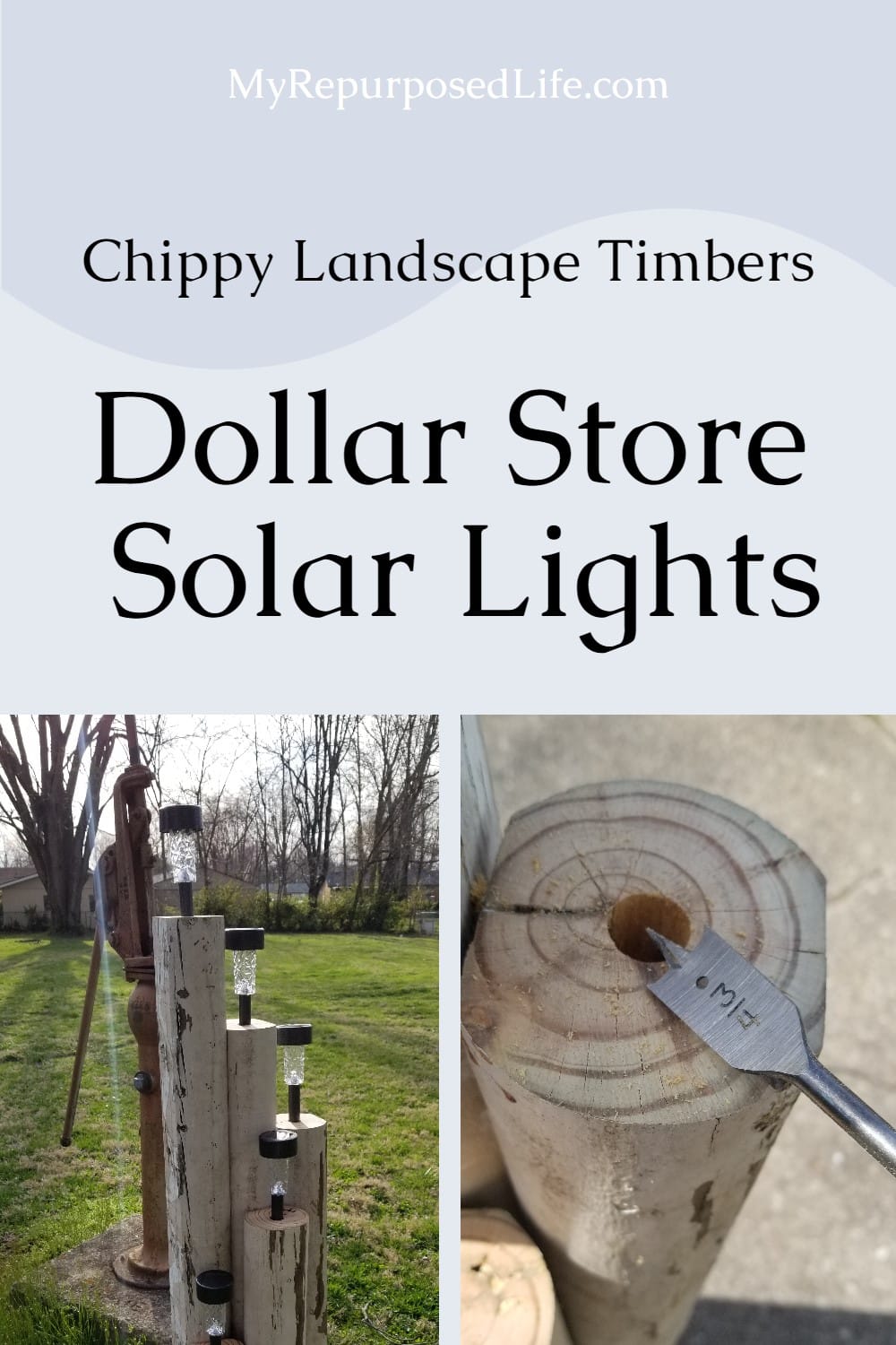 Use reclaimed landscape timbers to make a light feature for your outdoor space. Adding solar lights from the dollar store makes this nearly a free project. #MyRepurposedLife via @repurposedlife