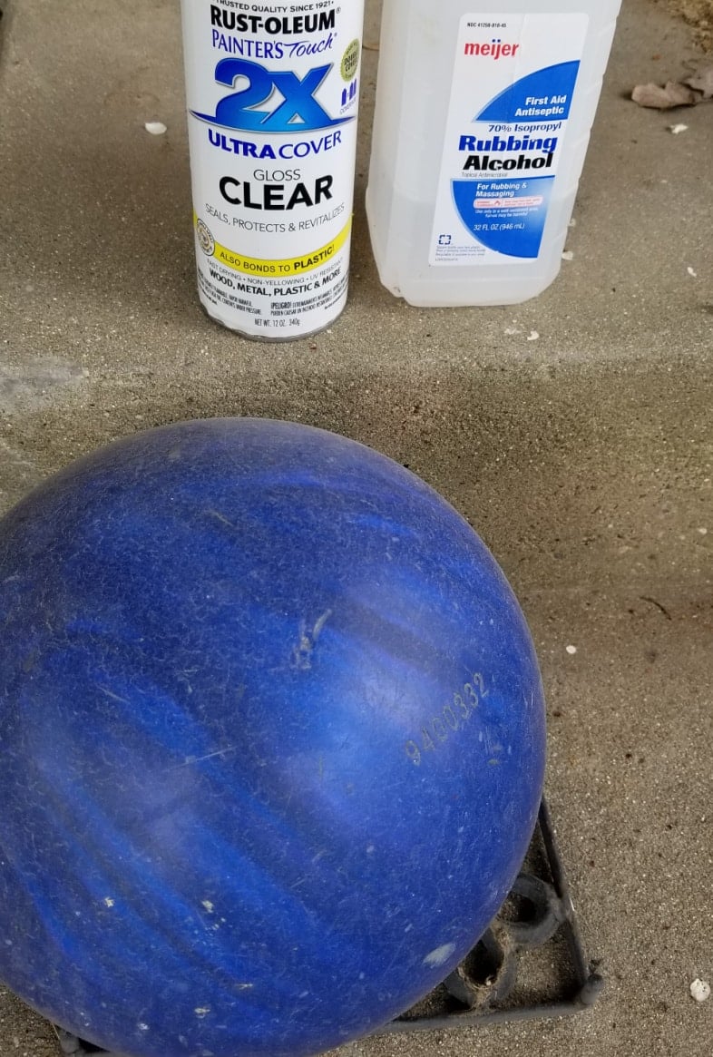 old blue bowling ball, clear sealer, rubbing alcohol