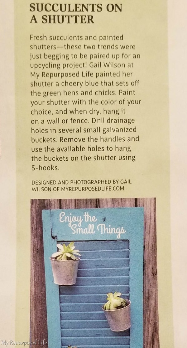 succulents on a shutter feature in Country Sampler magazine MyRepurposedLife