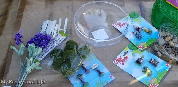 materials for tabletop fairy garden from the dollar store