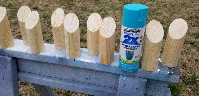spray paint molkky pins made from dowels