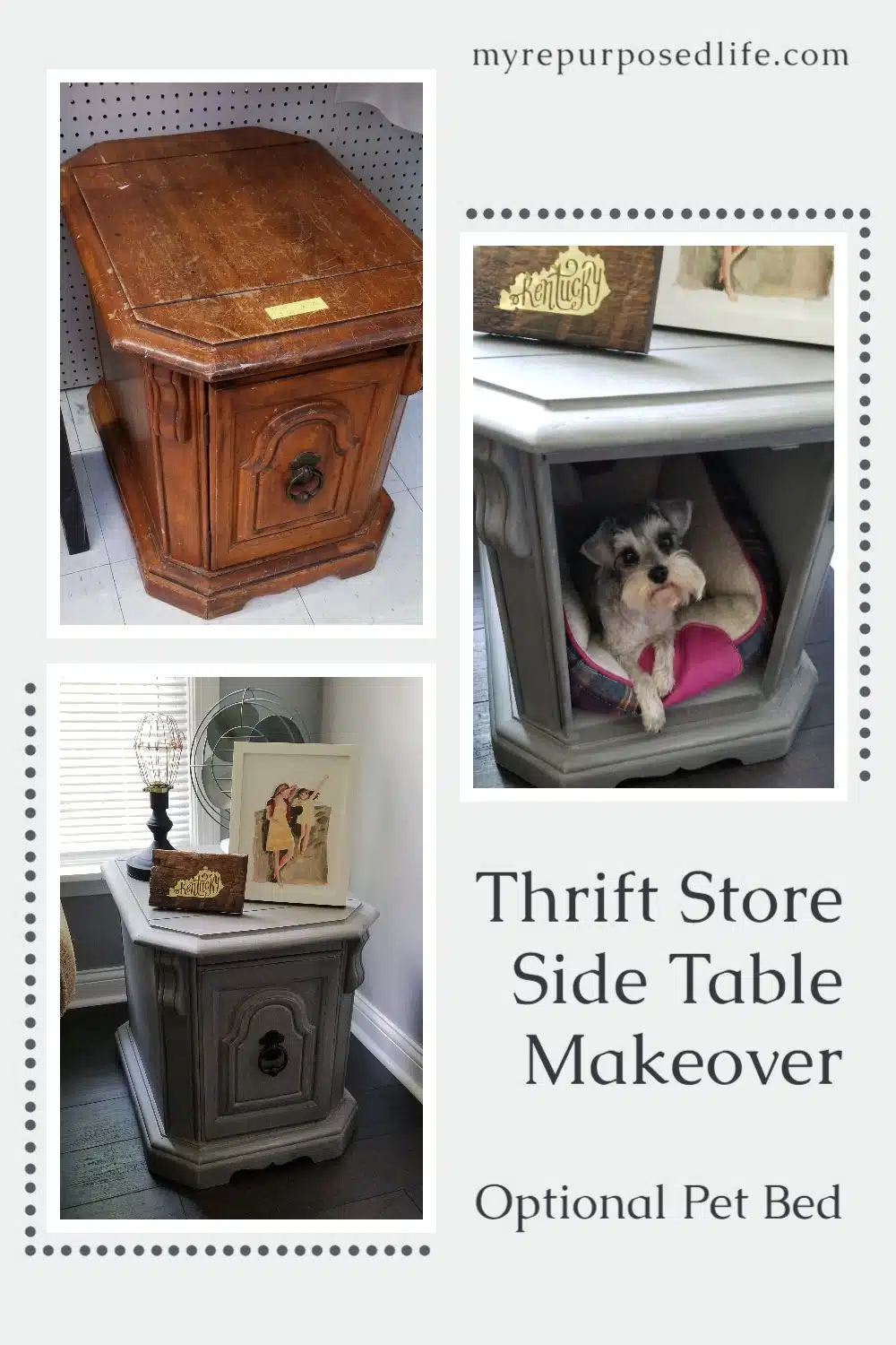 This easy side table makeover makes a perfect bed bed or hideaway if you open the door or even remove it! #MyRepurposedLife #repurposed #furniture #sidetable #pets via @repurposedlife