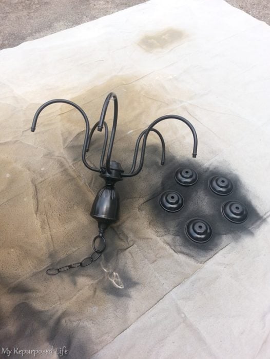 oil rubbed bronze spray paint on repurposed chandelier