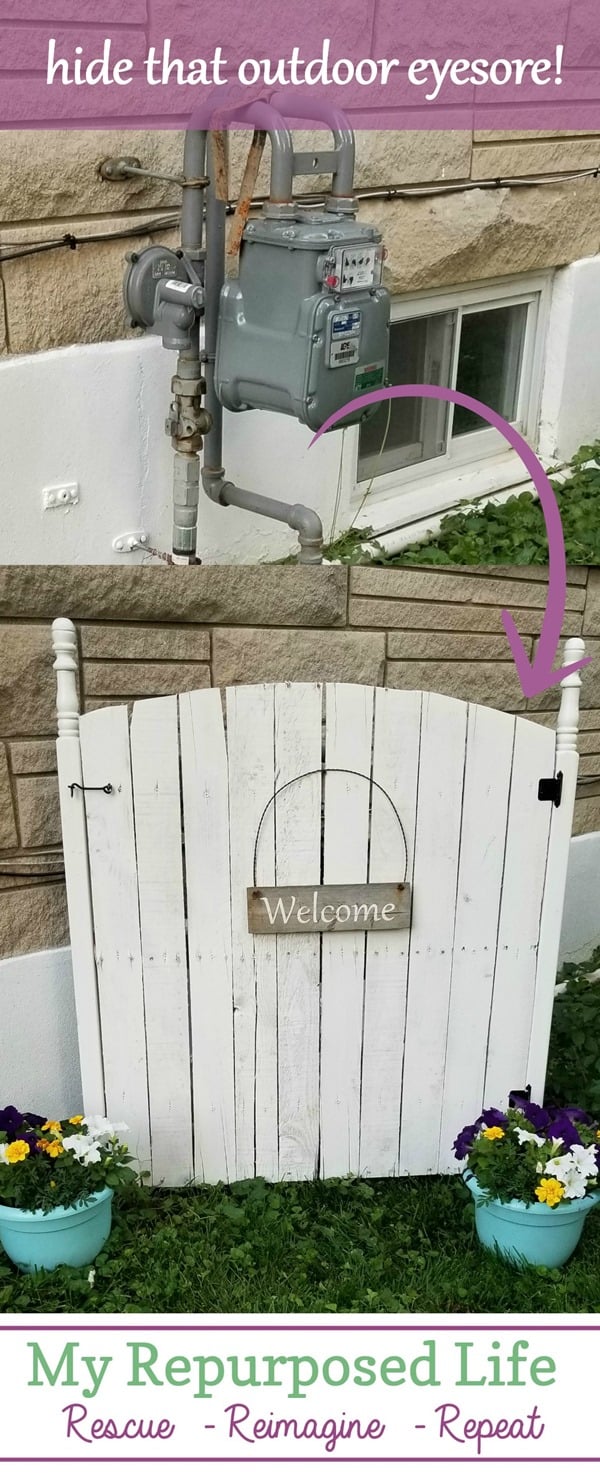 how to disguise an outdoor eyesore such as a gas meter with a faux garden gate MyRepurposedLife