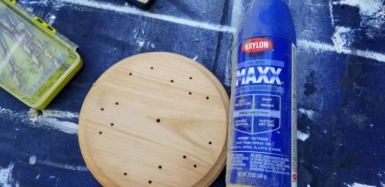 wooden disc and blue spray paint