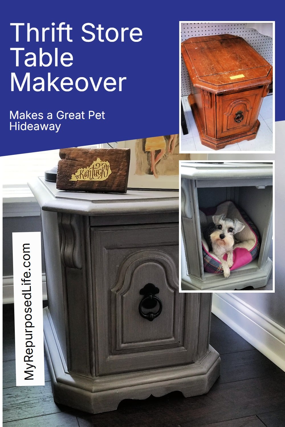This easy side table makeover makes a perfect bed bed or hideaway if you open the door or even remove it! #MyRepurposedLife #repurposed #furniture #sidetable #pets via @repurposedlife