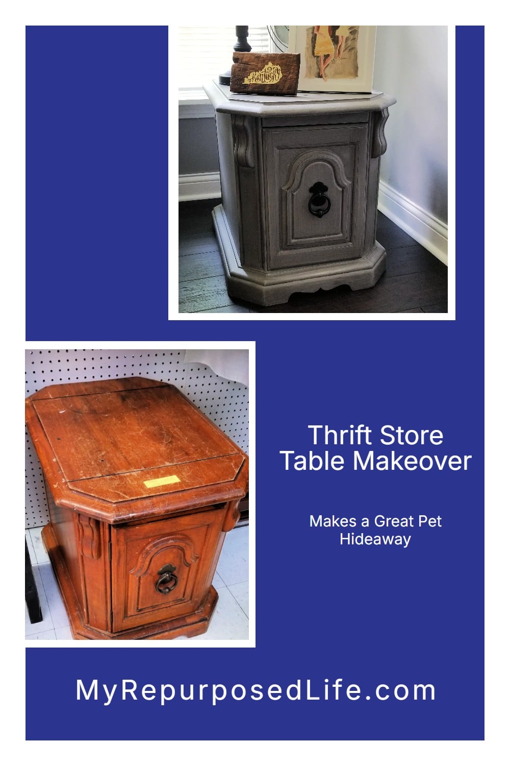 This easy side table makeover makes a perfect bed bed or hideaway if you open the door or even remove it! #MyRepurposedLife #repurposed #furniture #sidetable #pets via @repurposedlife