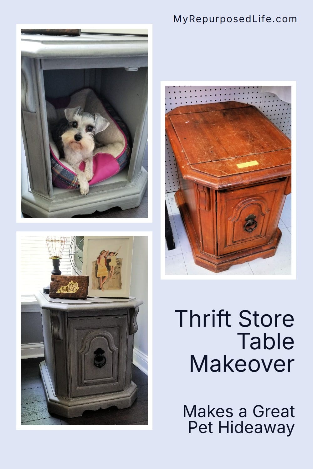 This easy side table makeover makes a perfect bed bed or hideaway if you open the door or even remove it! #MyRepurposedLife #repurposed #furniture #sidetable #pets via @repurposedlife
