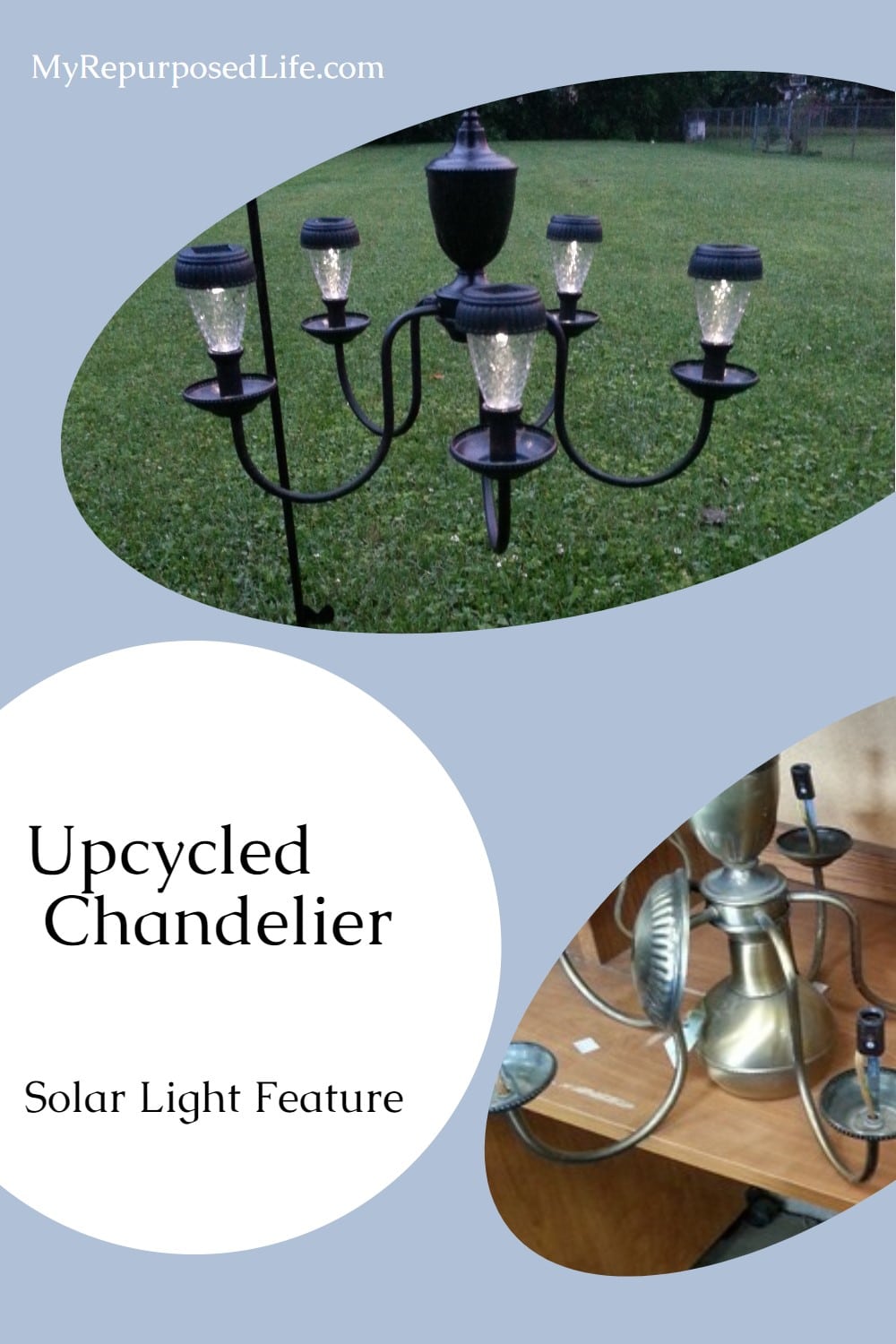 I Love this thrift store chandelier repurposed into a patio or garden solar light by #myrepurposedlife #repurposed #chandelier #outdoors #light #solar via @repurposedlife