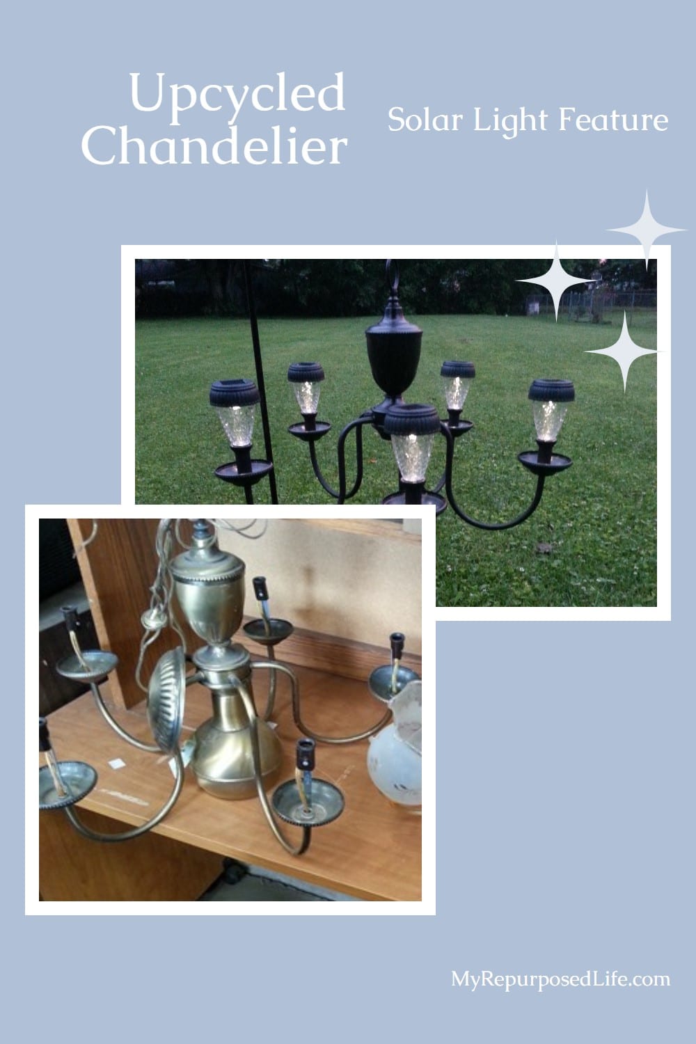 I Love this thrift store chandelier repurposed into a patio or garden solar light by #myrepurposedlife #repurposed #chandelier #outdoors #light #solar via @repurposedlife