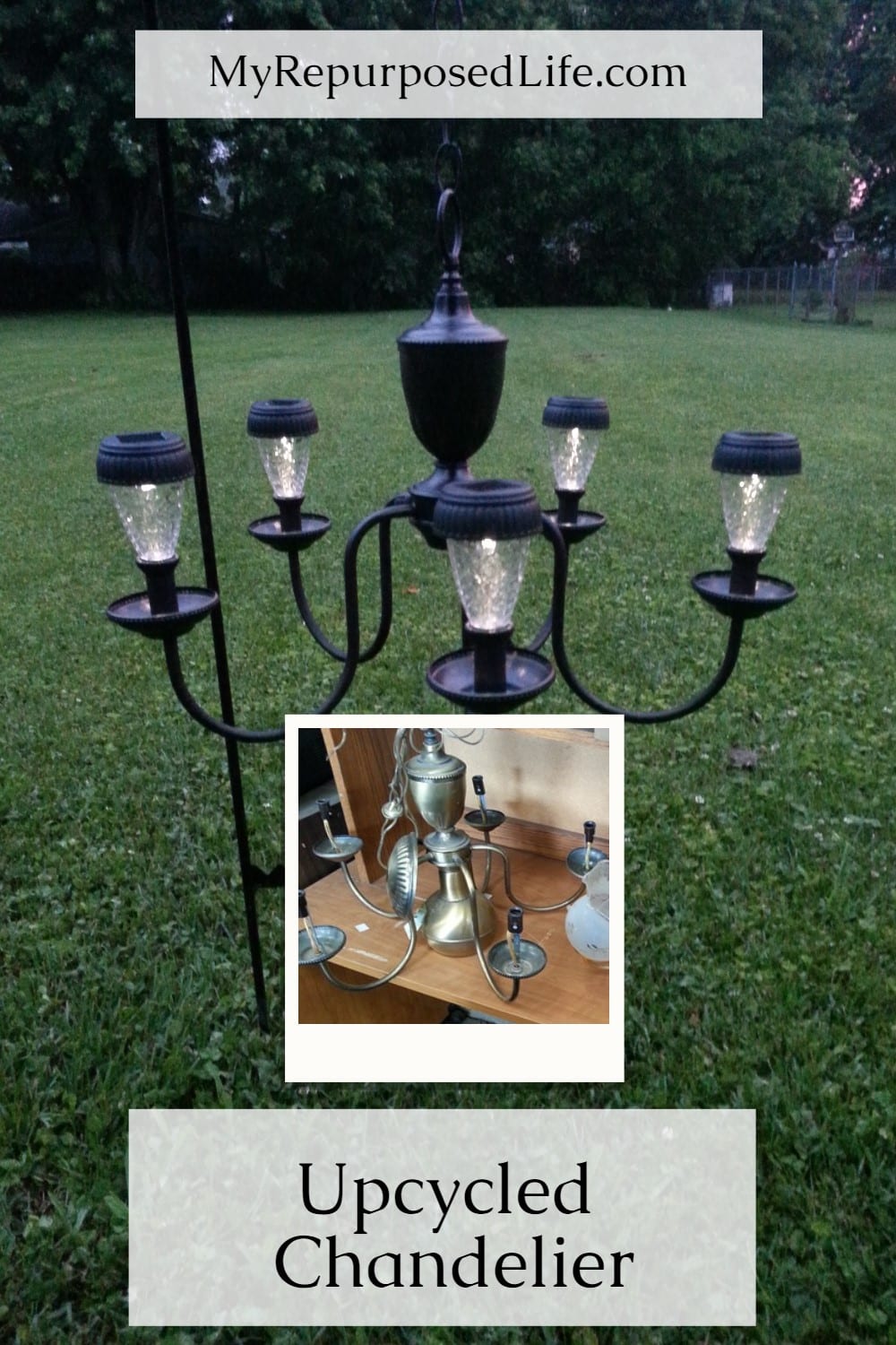 I Love this thrift store chandelier repurposed into a patio or garden solar light by #myrepurposedlife #repurposed #chandelier #outdoors #light #solar via @repurposedlife