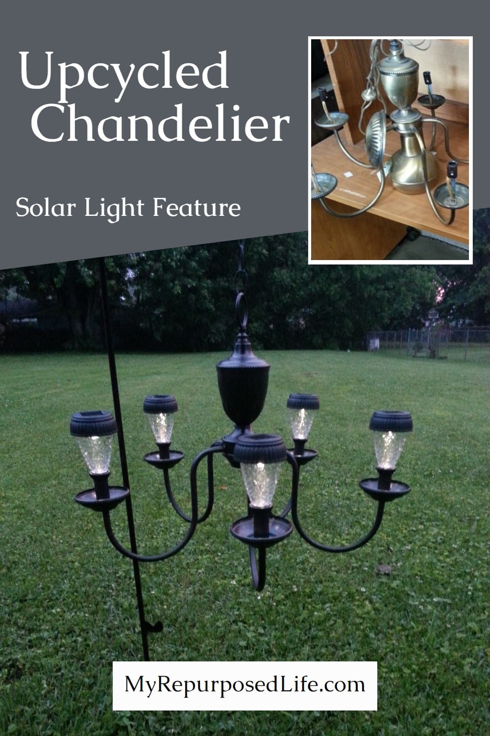 I Love this thrift store chandelier repurposed into a patio or garden solar light by #myrepurposedlife #repurposed #chandelier #outdoors #light #solar via @repurposedlife