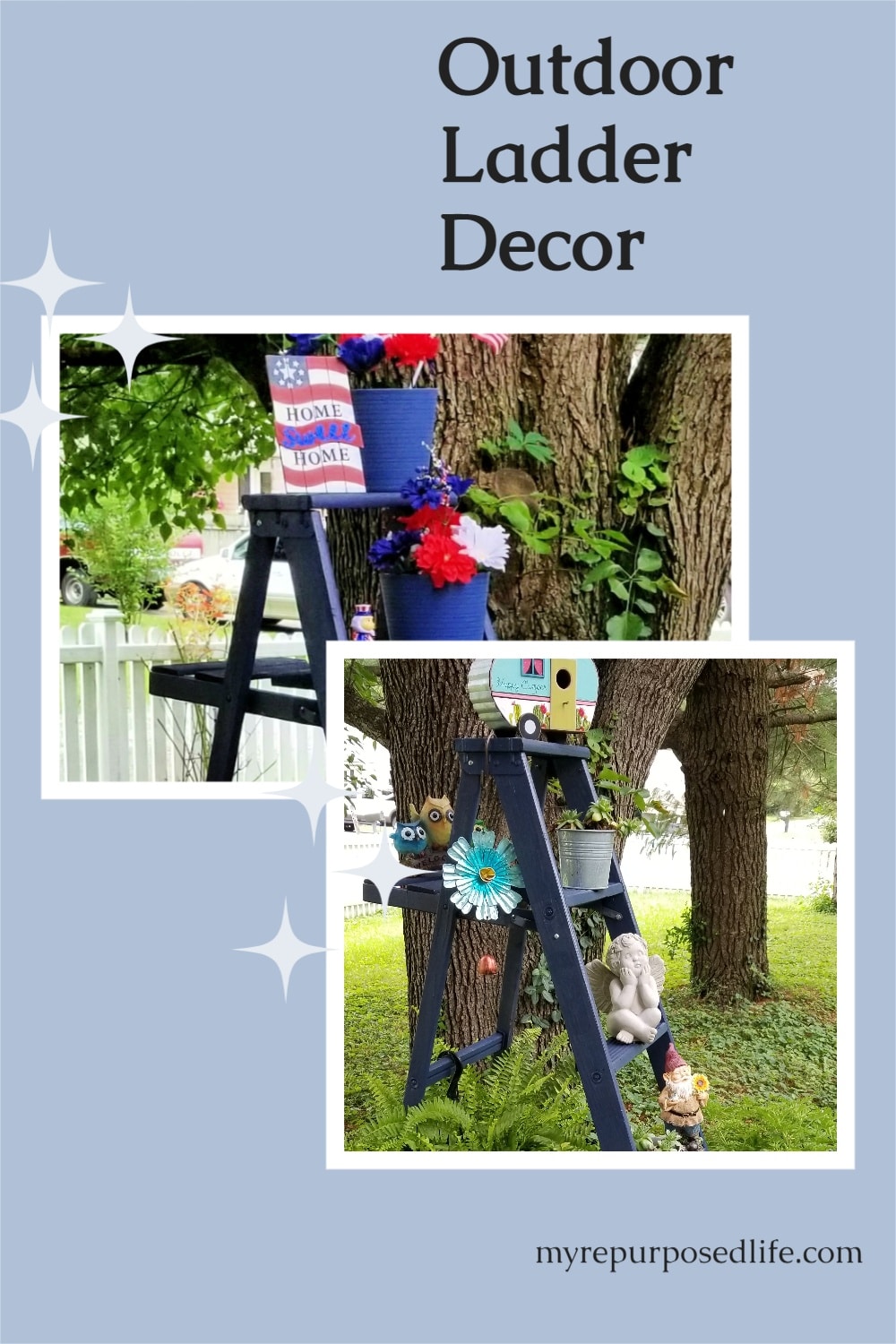 An old ladder with fresh paint and fun decor is a perfect way to add color to your porch, patio, or garden. Change it up several times during the summer, always a fresh look. #myrepurposedlife #upcycle #ladder #garden #decor #4thofJuly #patriotic via @repurposedlife