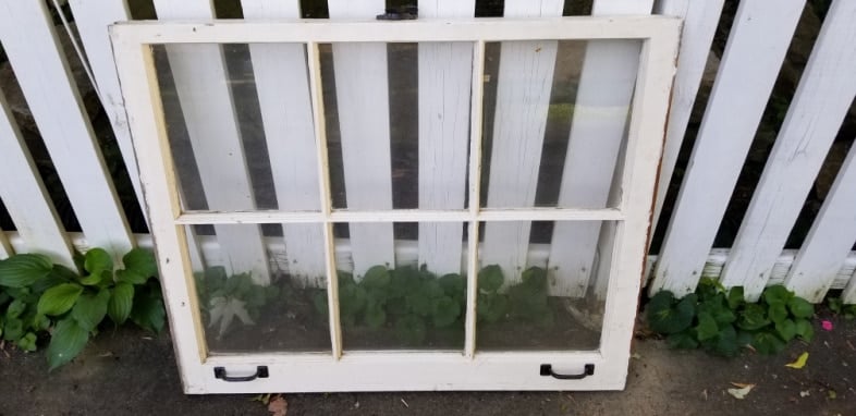 old window leaning against a fence