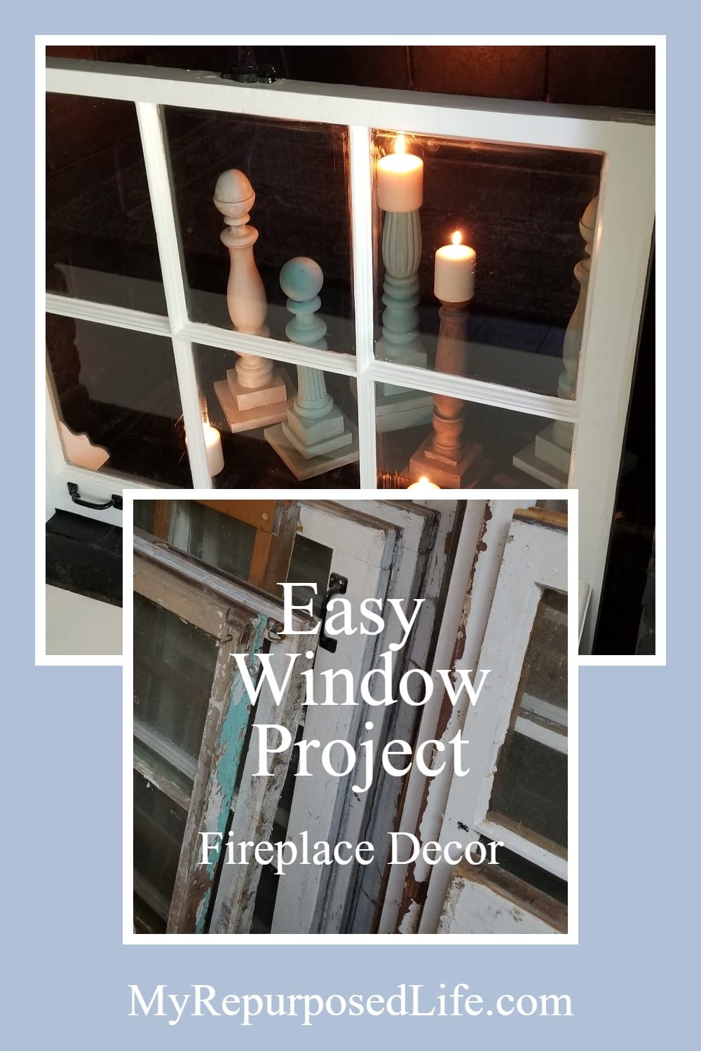 How to make a custom fireplace screen out of an old window. Easy project with step by step directions. This fireplace decor is for when you're not using your fireplace or if it is a non-working fireplace. #MyRepurposedLife #easy #window #project #fireplace via @repurposedlife
