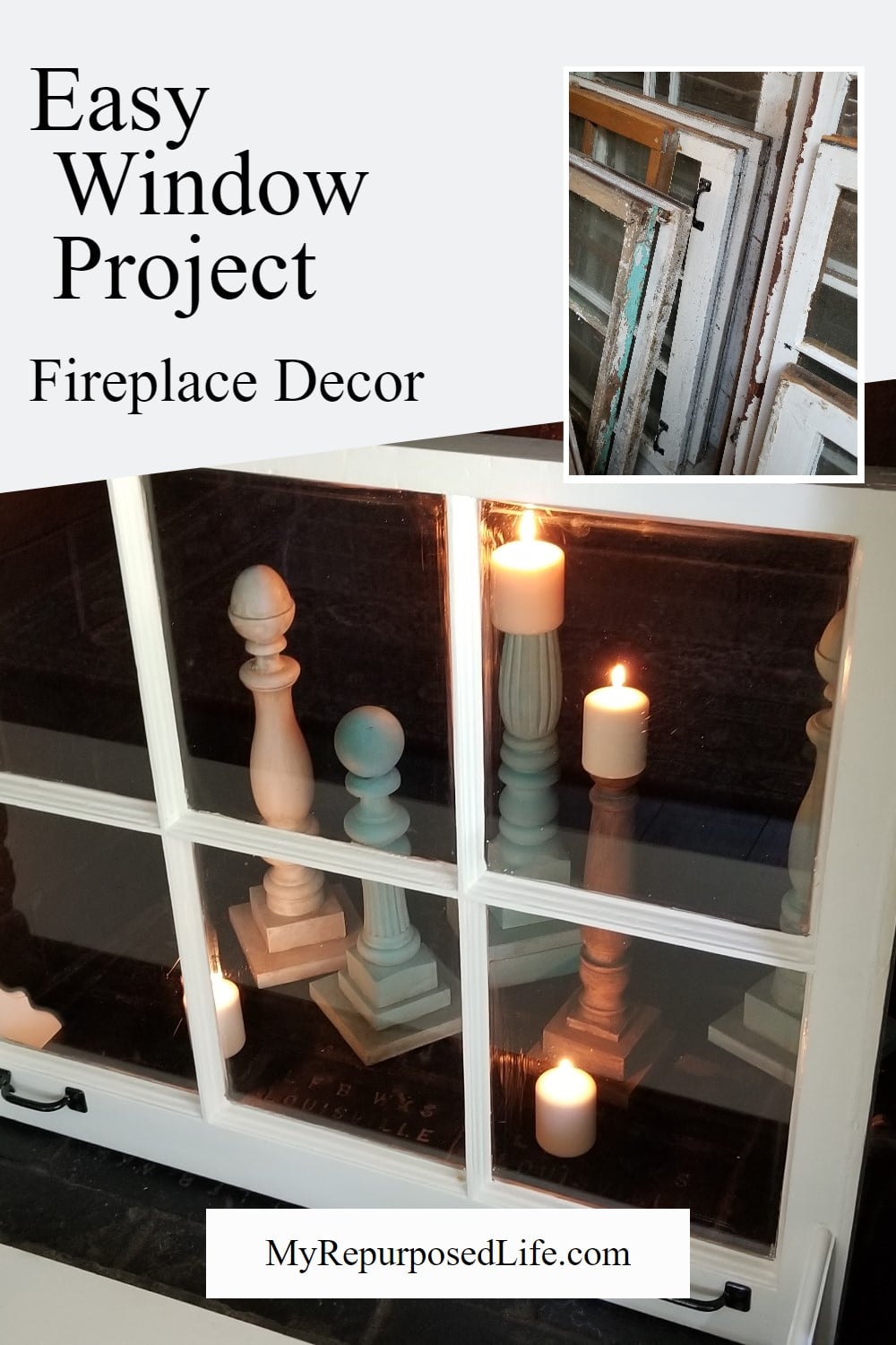 How to make a custom fireplace screen out of an old window. Easy project with step by step directions. This fireplace decor is for when you're not using your fireplace or if it is a non-working fireplace. #MyRepurposedLife #easy #window #project #fireplace via @repurposedlife