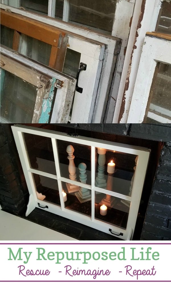 turn an old window into a new fireplace screen for an unused fireplace MyRepurposedLife