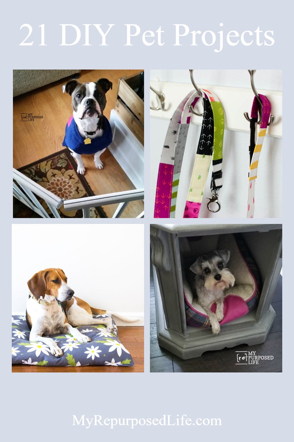 Fun & Frugal DIY Pet Project ideas. More than 20 ideas to inspire you to diy a pet project this weekend. Ideas for cats and dogs of all sizes. Easy projects you can even do in an afternoon or less. #MyRepurposedLife #pets #projects #diy #cats #dogs via @repurposedlife