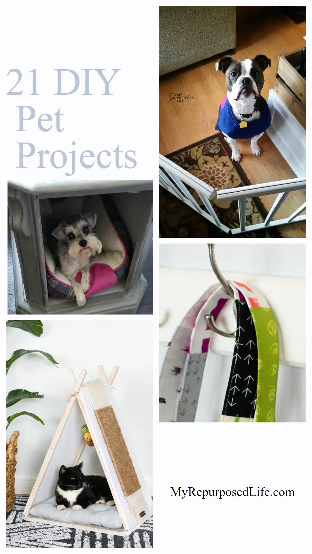 Fun & Frugal DIY Pet Project ideas. More than 20 ideas to inspire you to diy a pet project this weekend. Ideas for cats and dogs of all sizes. Easy projects you can even do in an afternoon or less. #MyRepurposedLife #pets #projects #diy #cats #dogs via @repurposedlife