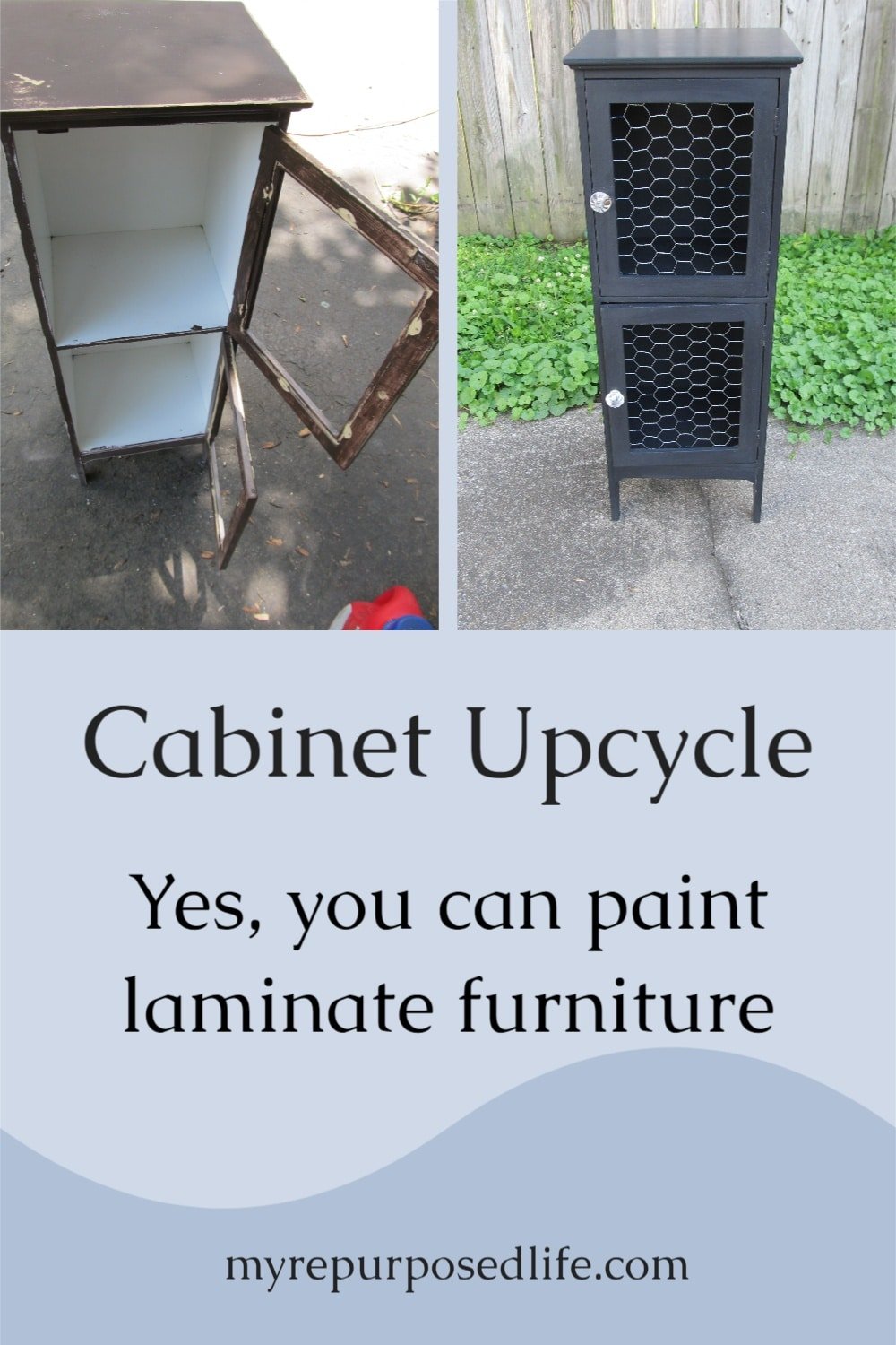 Someone tried to rescue this laminate cabinet, but they didn't know the tricks of the trade! A very inexpensive makeover using paint and chicken wire you may already have on hand. #MyRepurposedLife #repurposed #furniture #makeover #laminate #cabinet via @repurposedlife
