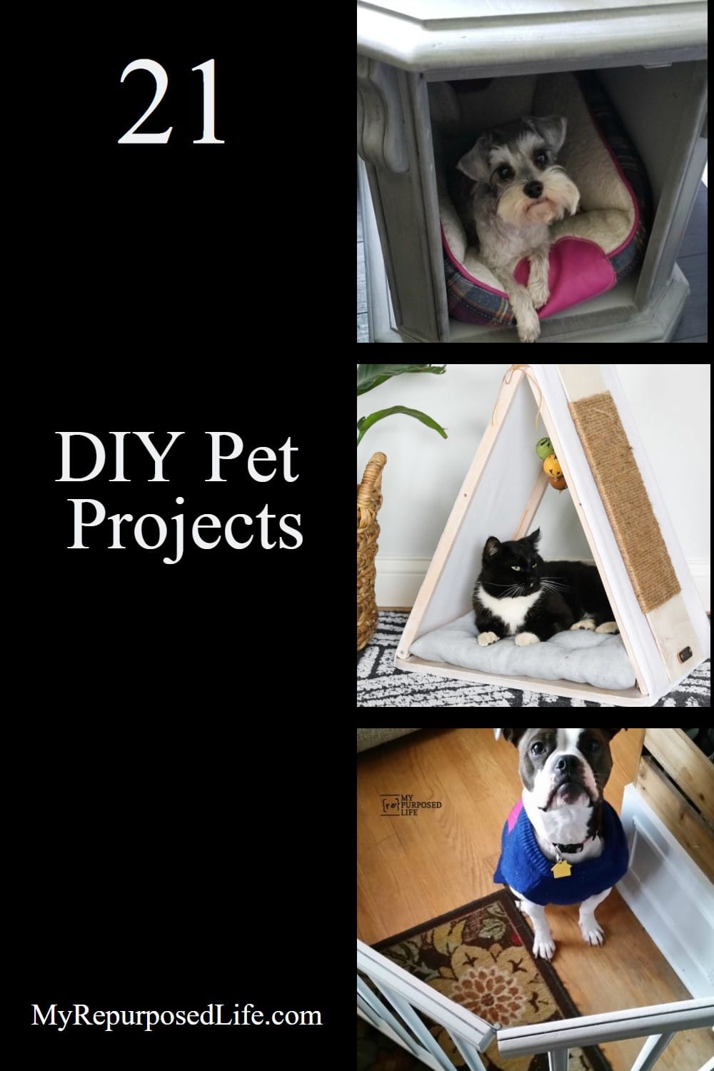 Fun & Frugal DIY Pet Project ideas. More than 20 ideas to inspire you to diy a pet project this weekend. Ideas for cats and dogs of all sizes. Easy projects you can even do in an afternoon or less. #MyRepurposedLife #pets #projects #diy #cats #dogs via @repurposedlife