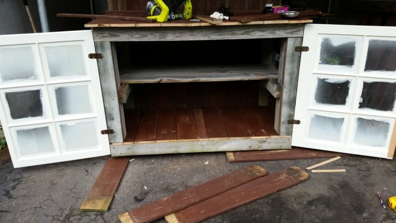 outdoor buffet with window doors open