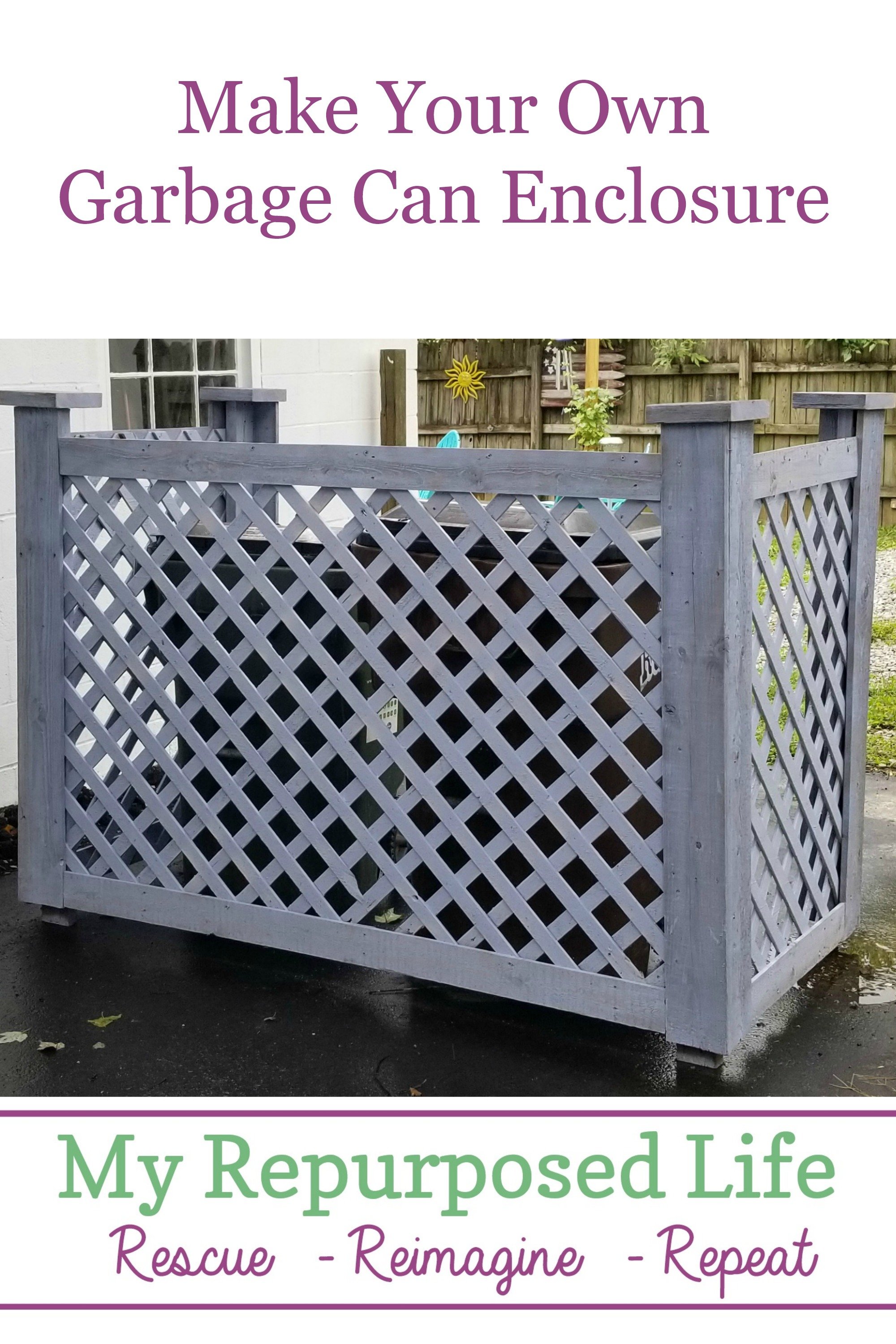 Make your own garbage can enclosure or trash can corral. Improve your curb appeal by hiding those unsightly wastebins! #MyRepurposedLife #garbagecan #curbappeal #eyesore #diy #tutorial via @repurposedlife