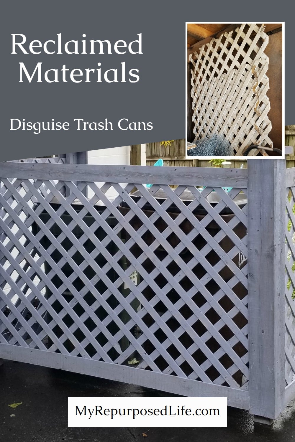 Make your own garbage can enclosure or trash can corral. Improve your curb appeal by hiding those unsightly wastebins! Disguise your trash cans. #MyRepurposedLife #garbagecan #curbappeal #eyesore #diy #tutorial via @repurposedlife