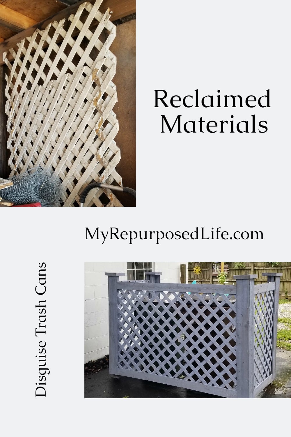 Make your own garbage can enclosure or trash can corral. Improve your curb appeal by hiding those unsightly wastebins! Disguise your trash cans. #MyRepurposedLife #garbagecan #curbappeal #eyesore #diy #tutorial via @repurposedlife