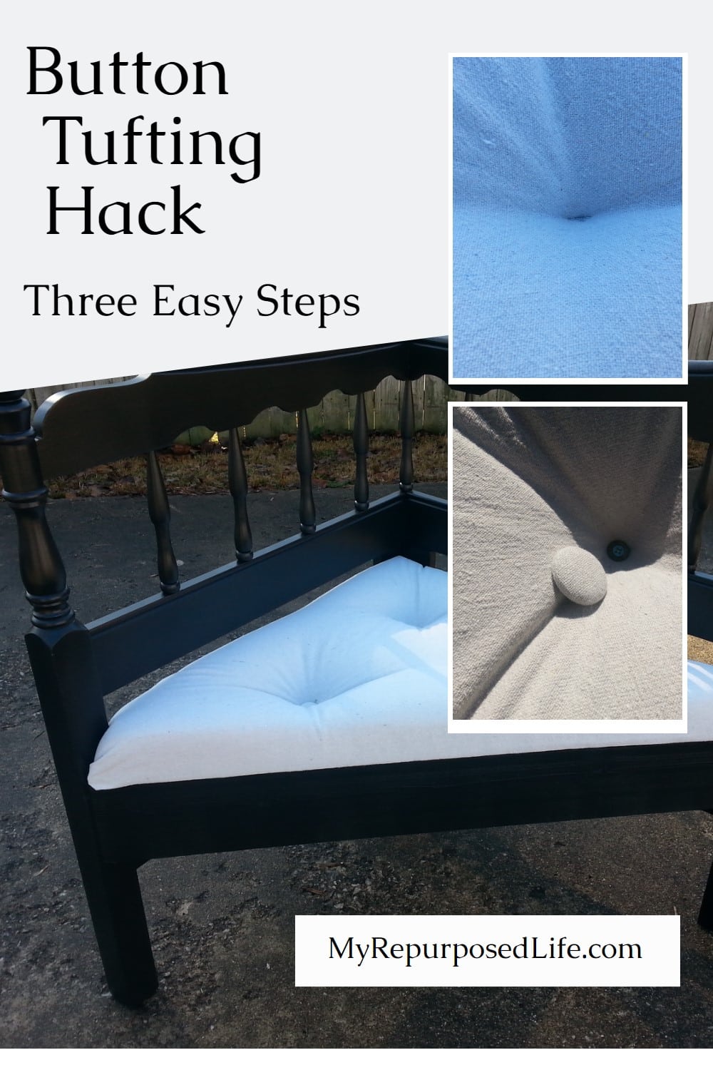 Button tufting 101 in three easy steps shows you that you don't have to drill holes in your tufted seat-but use a staple gun and screws instead. #MyRepurposedLife #repurposed #furniture #button #tufting #easy #diy via @repurposedlife