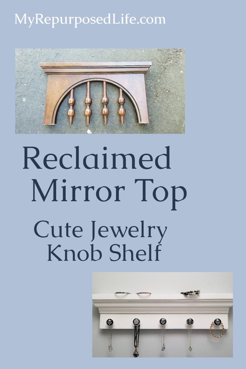 A simple DIY jewelry shelf is made from scrap molding and reclaimed cabinet knobs that have been decoupaged. #MyRepurposedLife #jewelry #shelf #hooks #reclaimed #repurposed #furniture via @repurposedlife