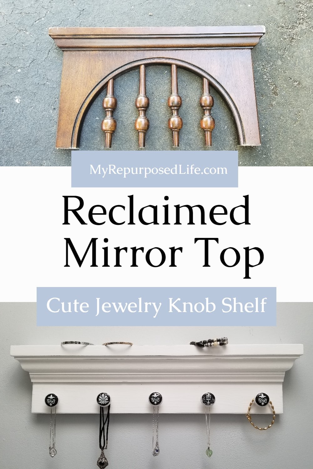 A simple DIY jewelry shelf is made from scrap molding and reclaimed cabinet knobs that have been decoupaged. #MyRepurposedLife #jewelry #shelf #hooks #reclaimed #repurposed #furniture via @repurposedlife