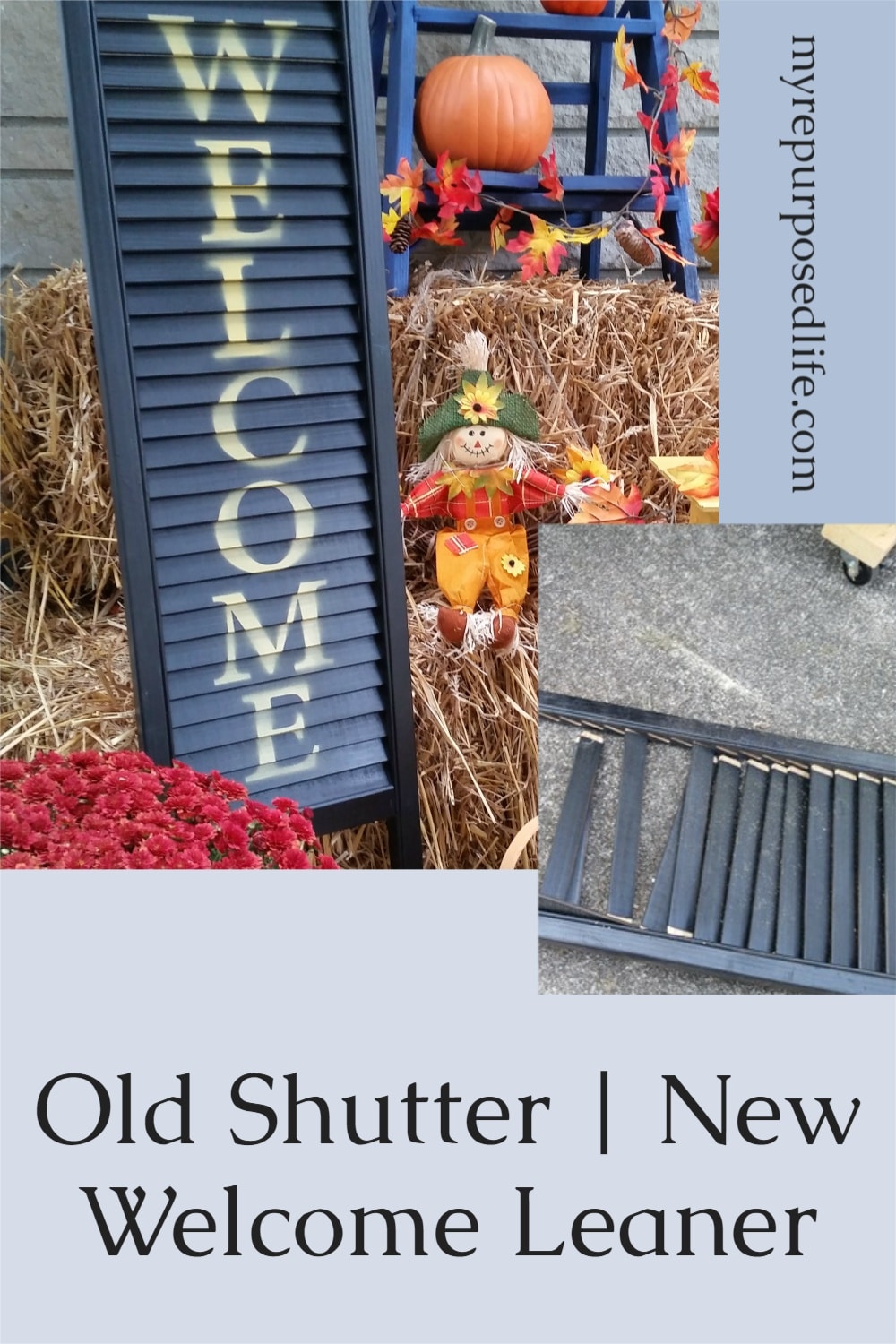 Fabulous DIY project using part of an old bi-fold door to make a Shutter Welcome Sign for the porch. Tips on painting and stenciling. #MyRepurposedLife #Fall #porch #decor #welcome #sign #shutter #project via @repurposedlife