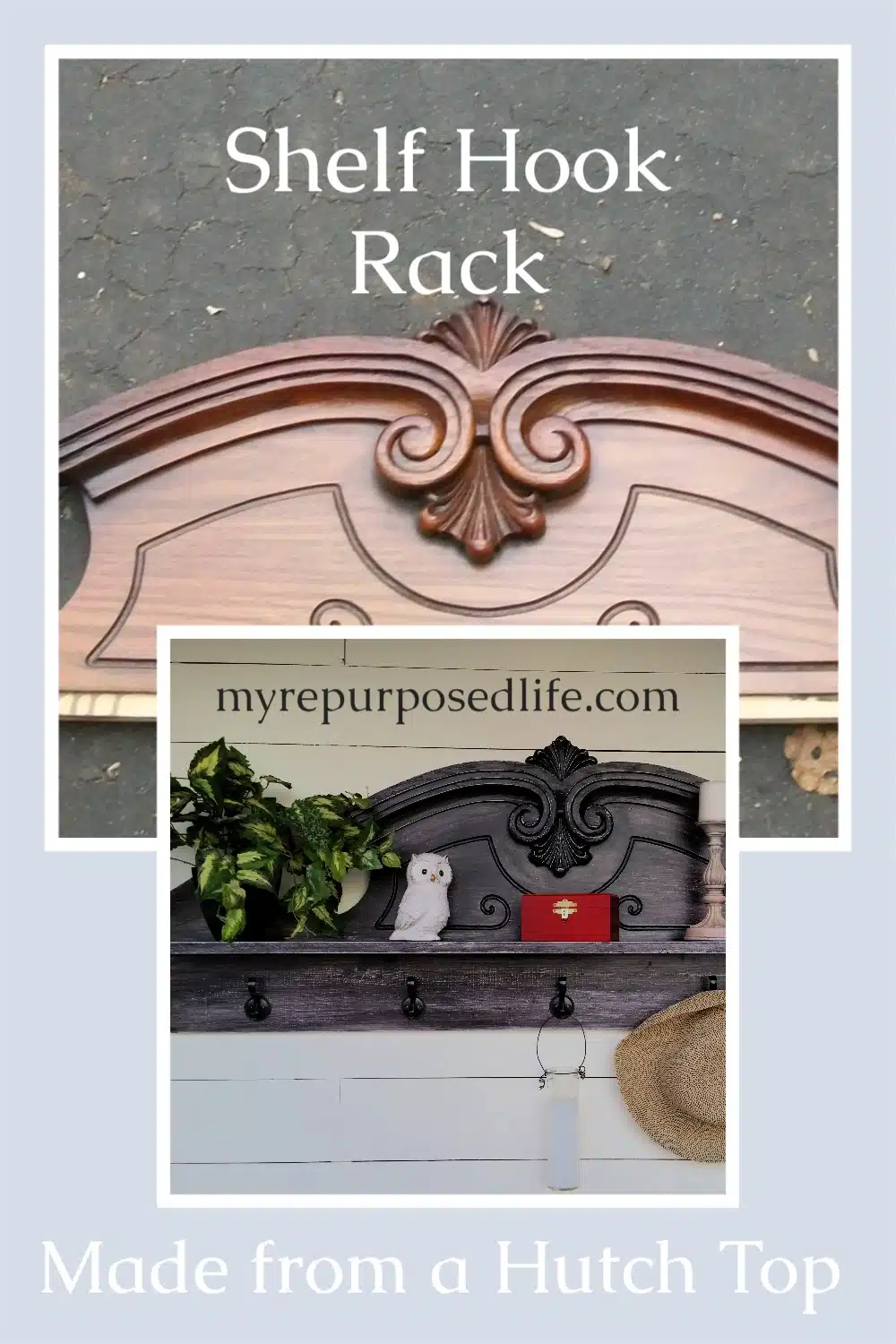 My Repurposed Life did a makeover on this awesome china hutch topper! Now it's a coat rack shelf! #MyRepurposedLife #repurposed #furniture #coatrack #shelf via @repurposedlife