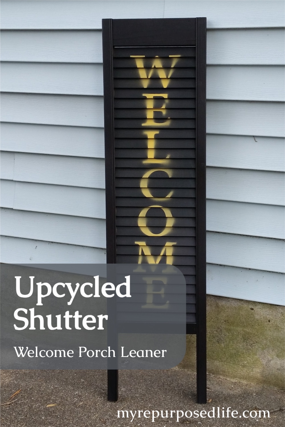 Fabulous DIY project using part of an old bi-fold door to make a Shutter Welcome Sign for the porch. Tips on painting and stenciling. #MyRepurposedLife #Fall #porch #decor #welcome #sign #shutter #project via @repurposedlife