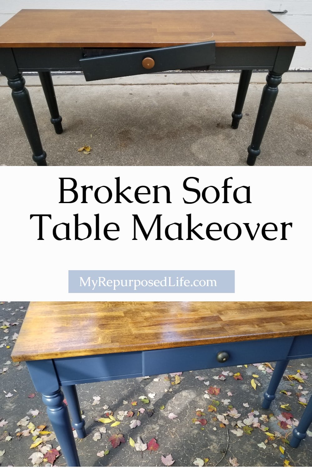 This table was found on the side of the road, but maybe you have a sofa table that needs a new and fresh update. It's easier than you think with these great tips. Change up the color, refinish the top and make any needed repairs. So easy, you can do this in a few hours. #MyRepurposedLife #table #makeover #sofatable #easy #project via @repurposedlife