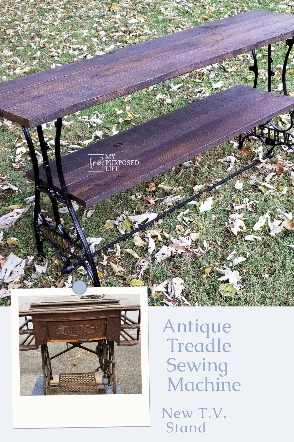 Using reclaimed pallet wood and the chassis of an antique sewing machine, I made an over sized t.v. table. A friend needed a table to hold a huge flat screen t.v. #MyRepurposedLife #repurposed #furniture #tv #table via @repurposedlife