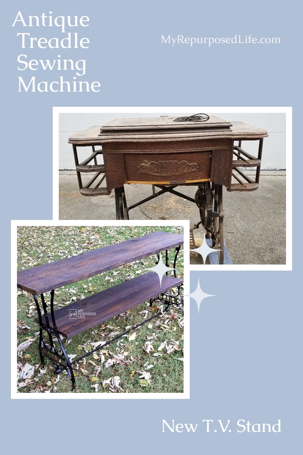 Using reclaimed pallet wood and the chassis of an antique sewing machine, I made an over sized t.v. table. A friend needed a table to hold a huge flat screen t.v. #MyRepurposedLife #repurposed #furniture #tv #table via @repurposedlife